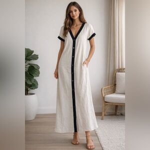 CommenSe Cream & Black Button Front Maxi Shirt Dress | Size S